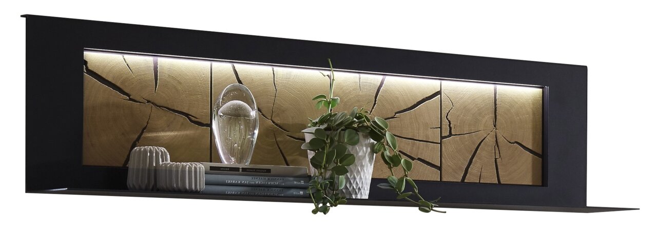 Wandboard mit dekorativer Rückwand in Holzoptik, seitliche Perspektive, dekoriert mit Pflanzen und Büchern.