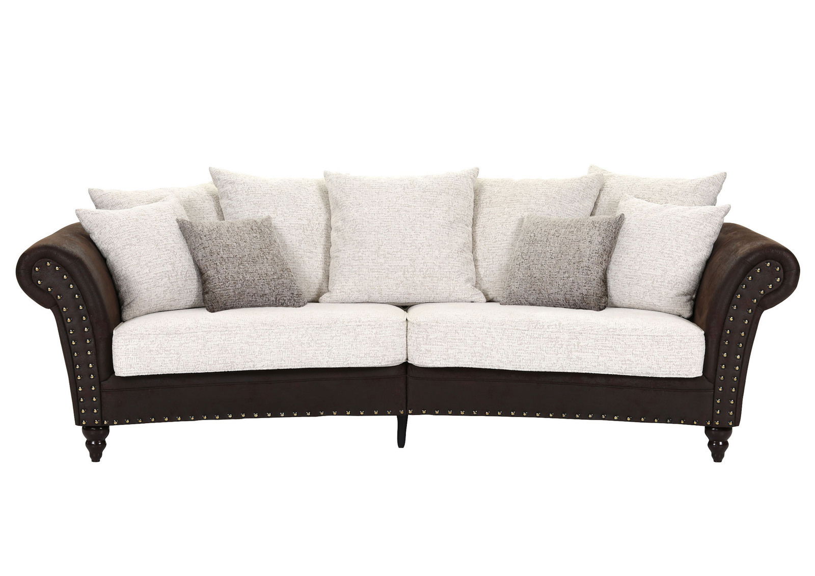 Rundes Megasofa mit braunen Armlehnen und weißen Kissen, Frontalansicht