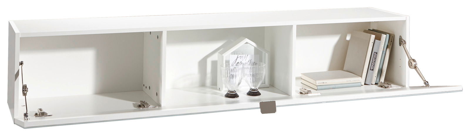 Weißer Hängeschrank mit zwei Fächern, geöffnet, mit Büchern und Dekoration, frontale Perspektive