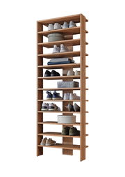 Holz-Schuhregal mit mehreren Ebenen, gefüllt mit verschiedenen Schuhen und Boxen, seitliche Perspektive