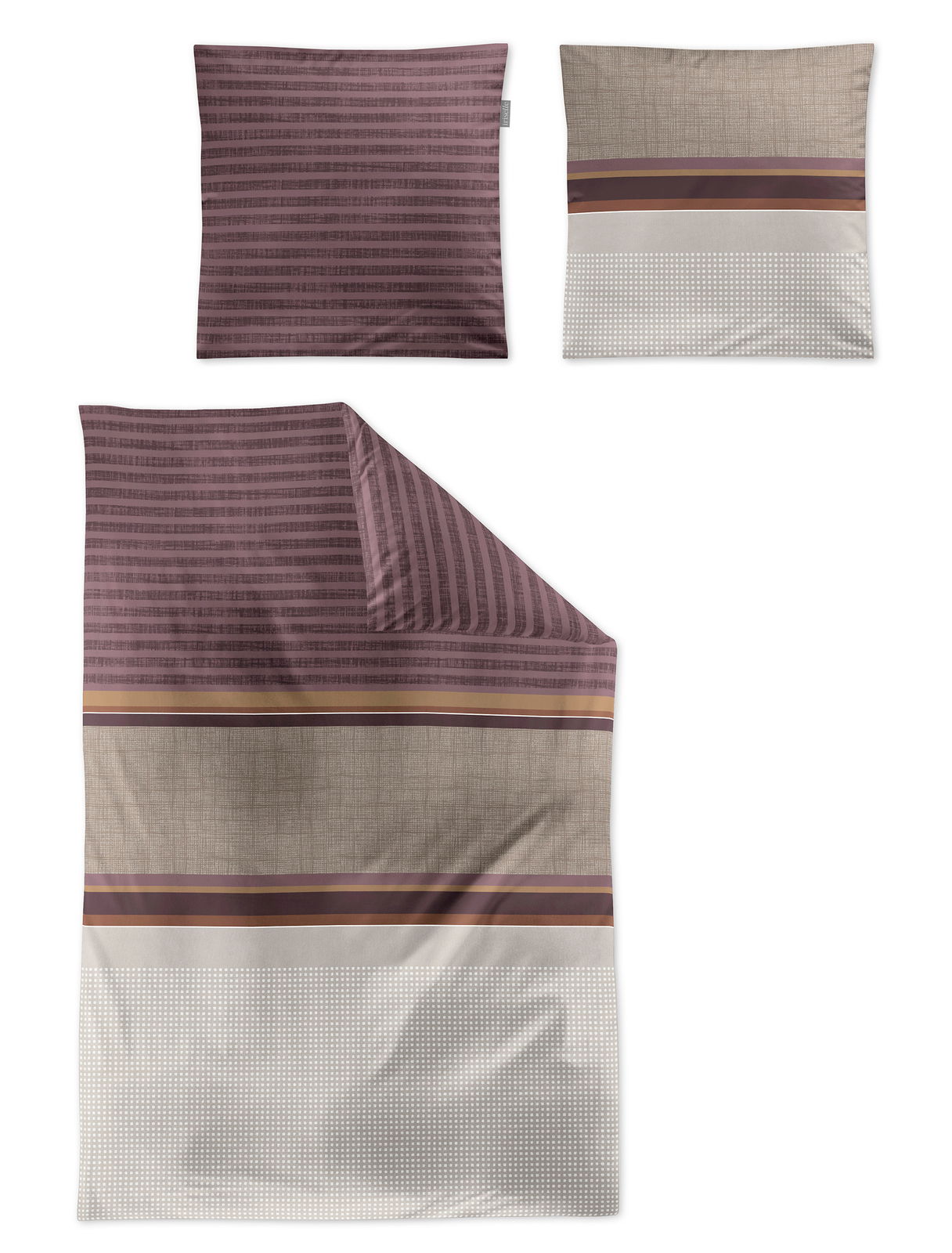 irisette Bettwäsche WAVE Bettwäsche-Set mit Kissenbezügen und Deckenbezug in verschiedenen Mustern und Farben, darunter Streifen und geometrische Designs, aus der Vogelperspektive.