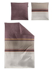 Bettwäsche-Set mit Kissenbezügen und Deckenbezug in verschiedenen Mustern und Farben, darunter Streifen und geometrische Designs, aus der Vogelperspektive.