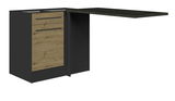 Eckunterschrank mit zwei Schubladen in Holzoptik und schwarzer Arbeitsplatte, seitliche Perspektive