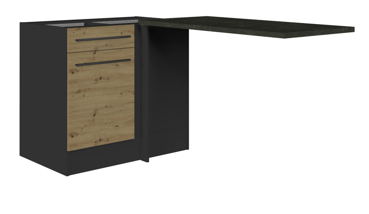 Yourkitchen Eckunterschrank JAZZ Eckunterschrank mit zwei Schubladen in Holzoptik und schwarzer Arbeitsplatte, seitliche Perspektive