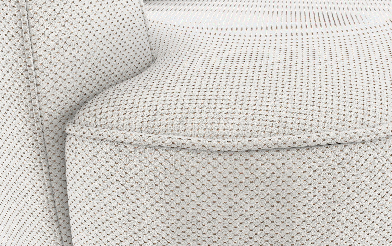 Nahaufnahme einer gepolsterten Ecke eines Sofas mit strukturiertem Stoff in heller Farbe, seitliche Perspektive.
