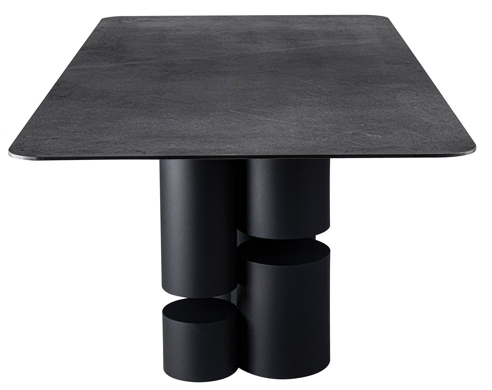 Moderner Esstisch mit rechteckiger, dunkler Tischplatte und einzigartigem zylindrischem Sockel, Frontalansicht.