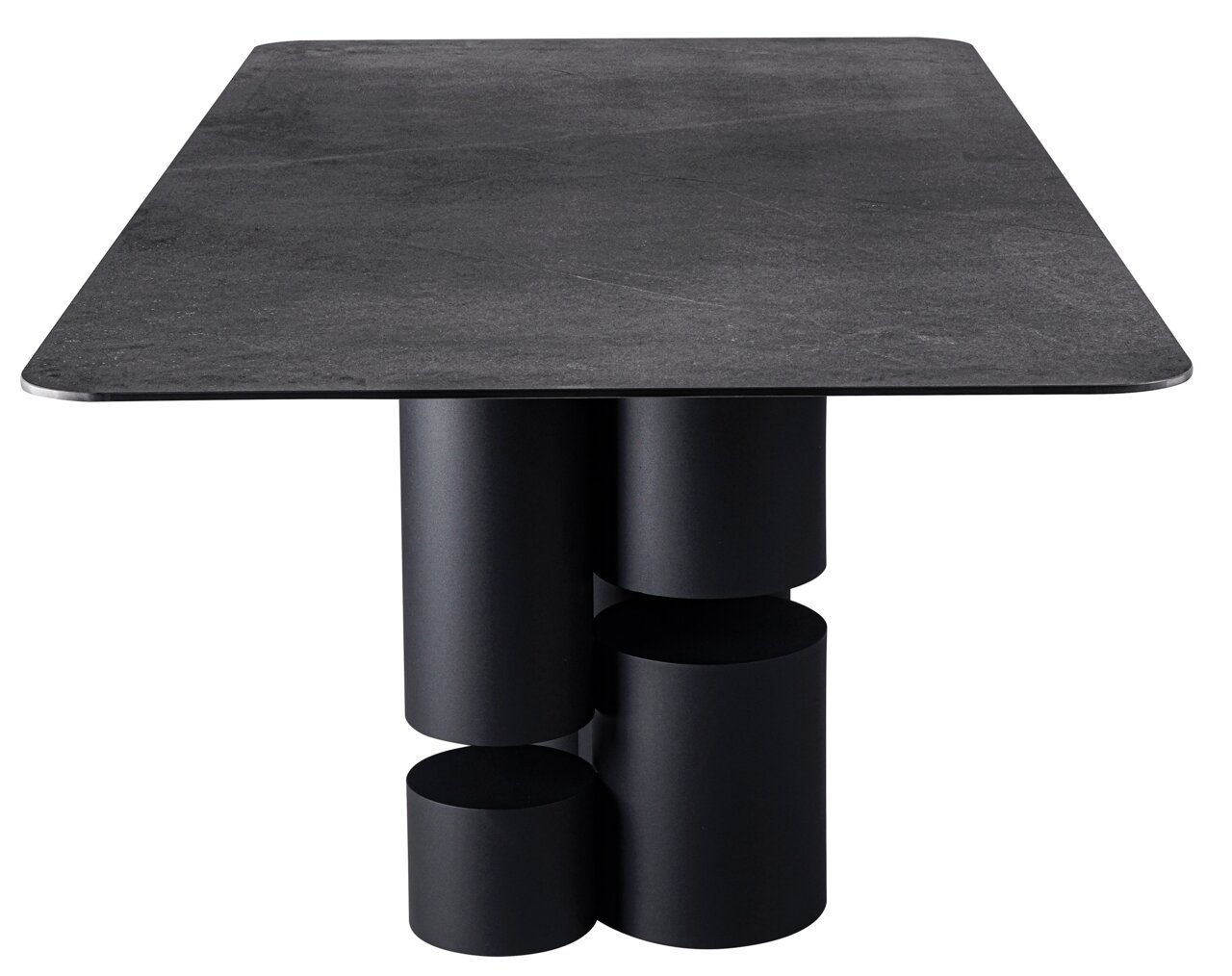 Moderner Esstisch mit rechteckiger, dunkler Tischplatte und einzigartigem zylindrischem Sockel, Frontalansicht.