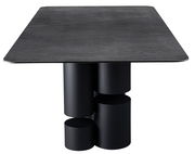 Moderner Esstisch mit rechteckiger, dunkler Tischplatte und einzigartigem zylindrischem Sockel, Frontalansicht.