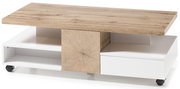 Moderner Couchtisch mit Holzoptik-Oberfläche und weißem Unterbau auf Rollen, seitliche Perspektive