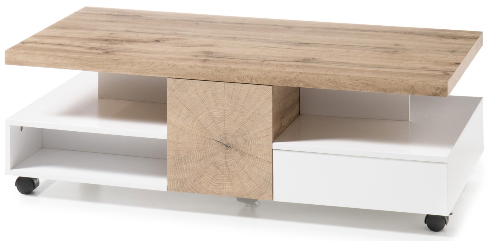 Z2 Salontafel RENNES Moderne salontafel met een blad in houtlook en een wit onderstel op wieltjes, zijaanzicht