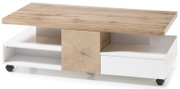 Moderner Couchtisch mit Holzoptik-Oberfläche und weißem Unterbau auf Rollen, seitliche Perspektive