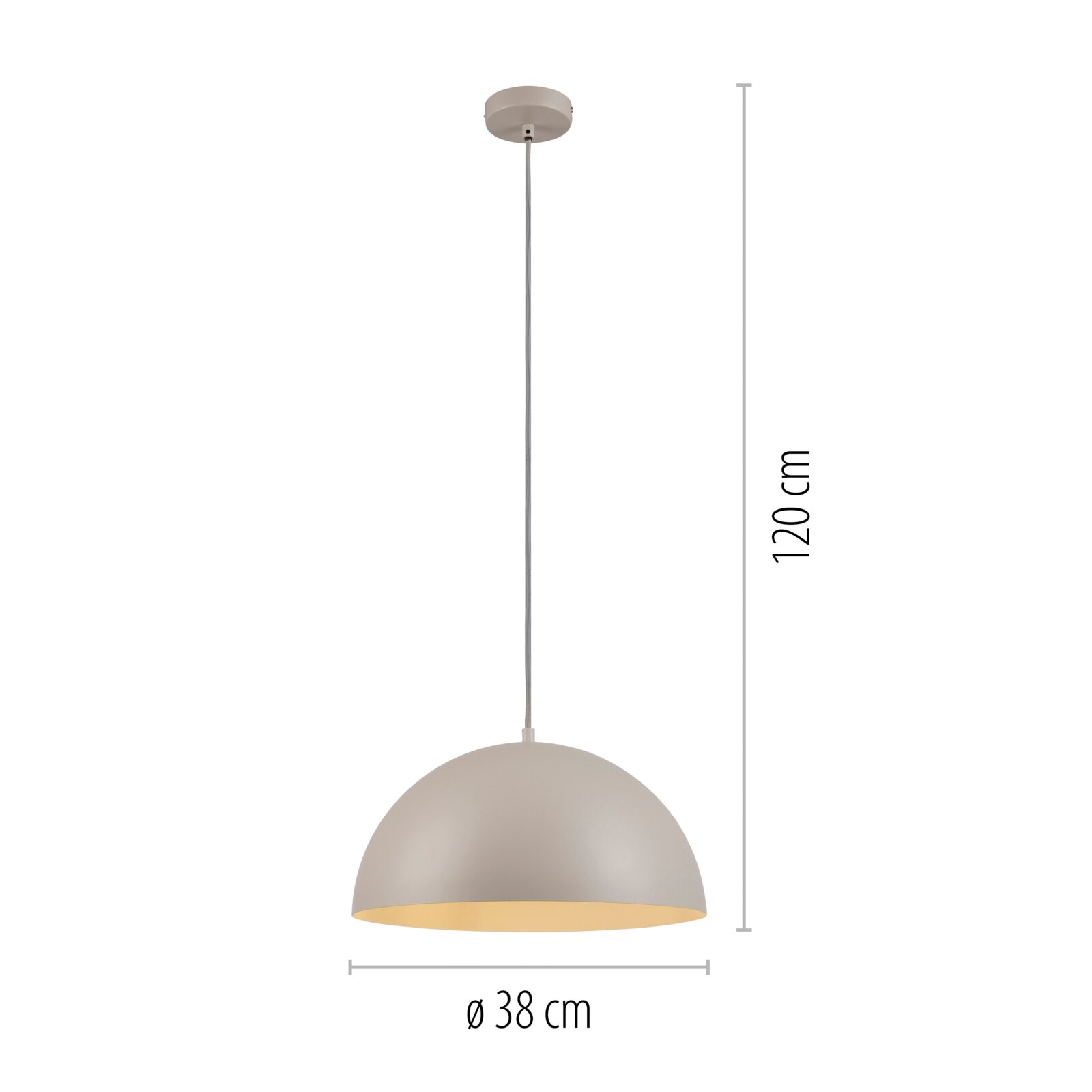 Weiße Pendelleuchte mit halbrundem Lampenschirm und langem Kabel, Maße 120 cm Höhe und Ø 38 cm, Frontansicht vor weißem Hintergrund