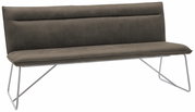 Moderne Bank mit grauem Polster und Metallgestell, seitliche Perspektive