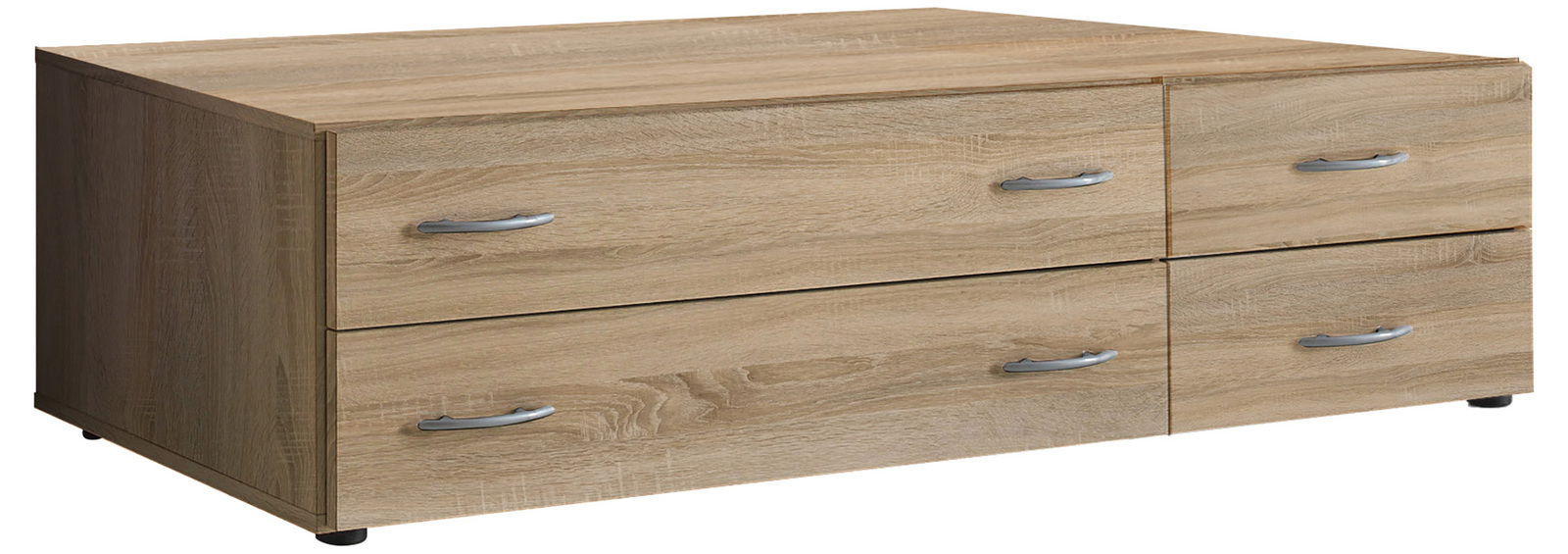 Holzfarbener Schubkastenuntersatz mit vier silbernen Griffen, perspektivisch von vorne links fotografiert.