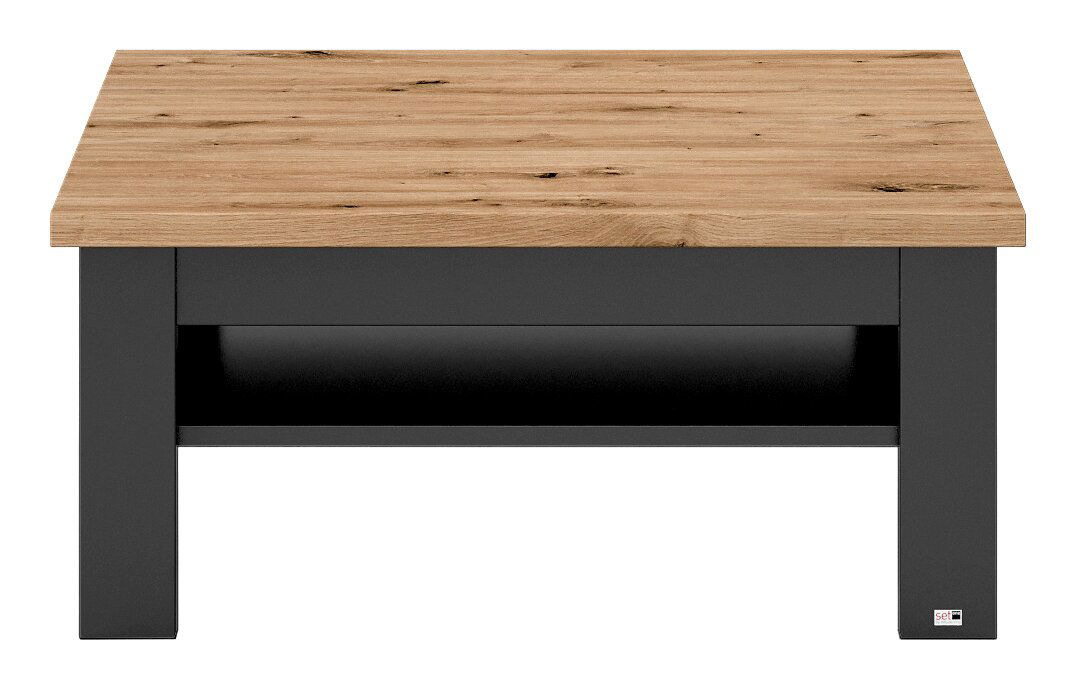 Moderner Couchtisch mit Holzplatte und schwarzem Gestell, Frontalansicht