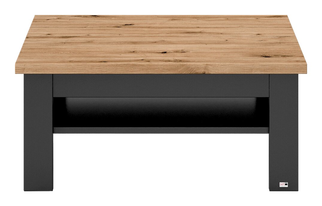 Moderner Couchtisch mit Holzplatte und schwarzem Gestell, Frontalansicht