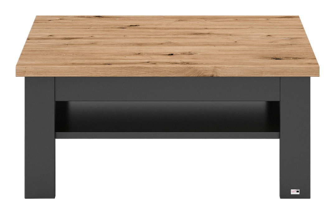 Moderner Couchtisch mit Holzplatte und schwarzem Gestell, Frontalansicht