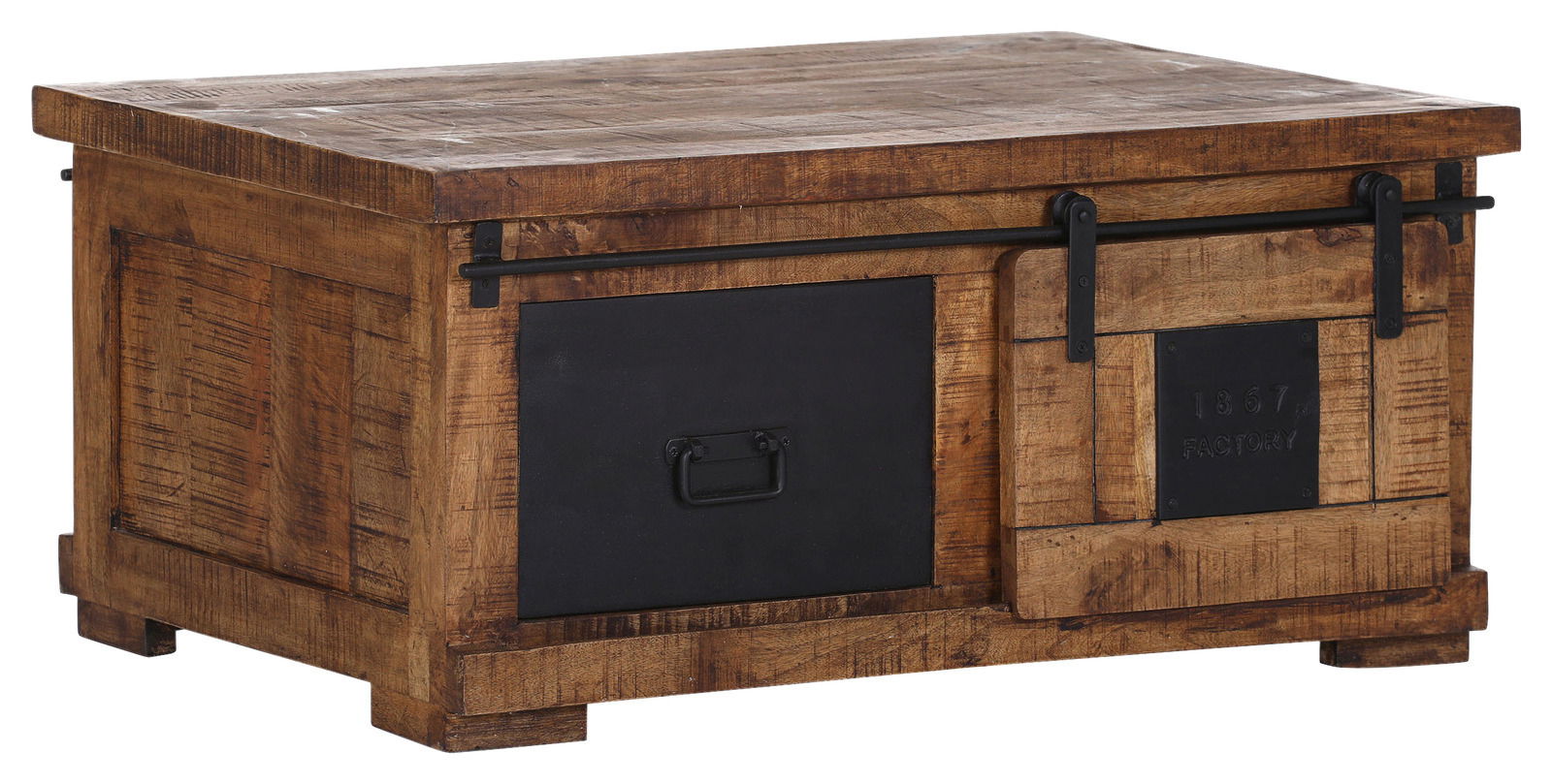 Rustikaler Couchtisch aus Holz mit schwarzem Metallelement, seitliche Perspektive