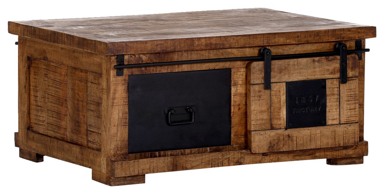 Rustikaler Couchtisch aus Holz mit schwarzem Metallelement, seitliche Perspektive