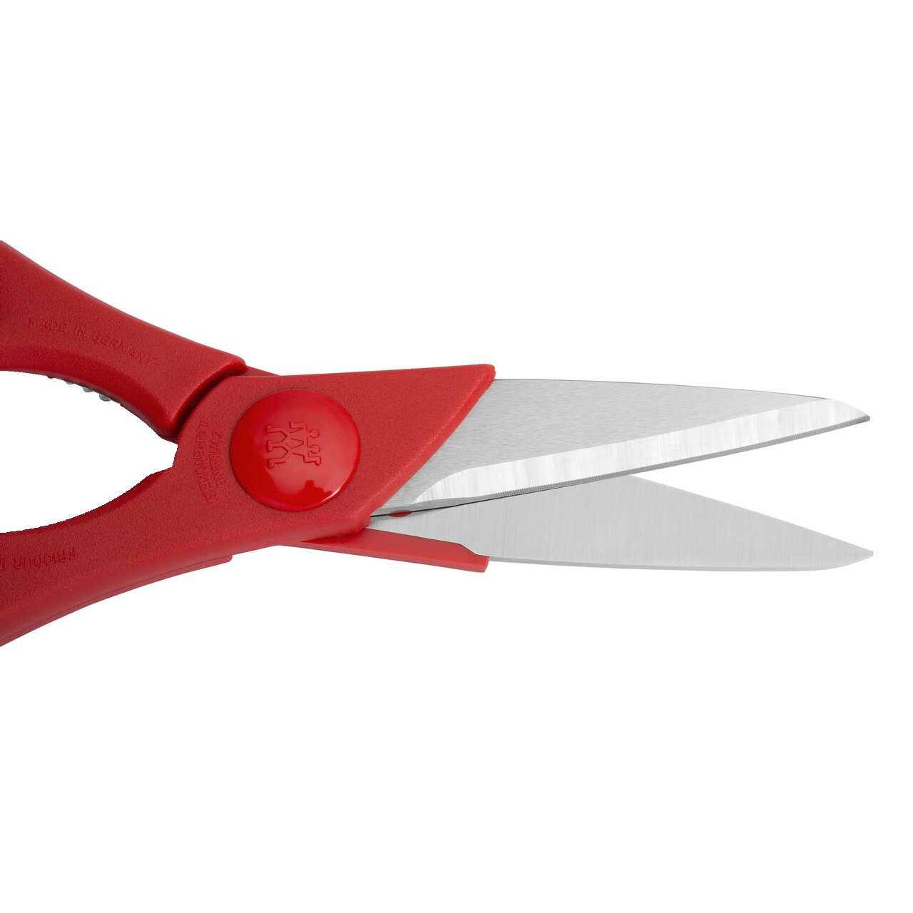 Rote Vielzweckschere mit Edelstahlklingen, seitliche Perspektive