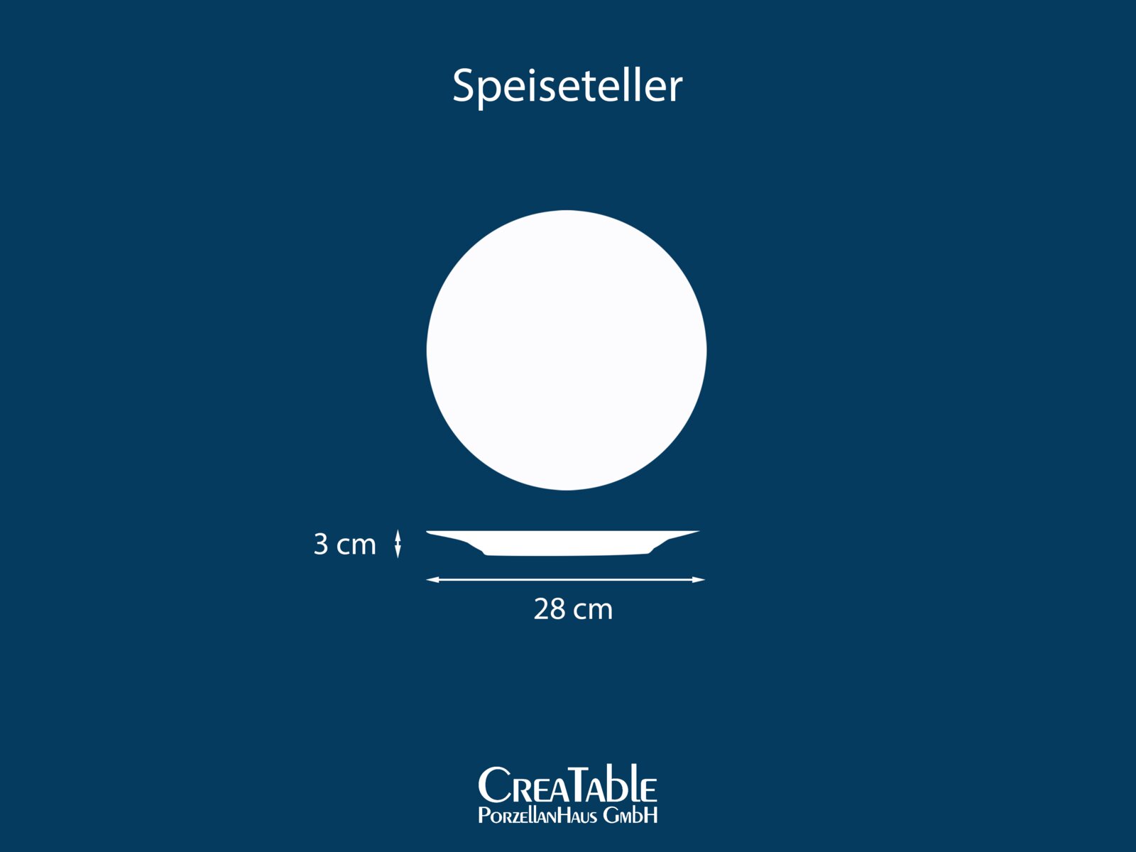 Weißer runder Speiseteller aus Porzellan, Draufsicht mit seitlicher Profilansicht; Durchmesser 28 cm, Höhe ca. 3 cm.