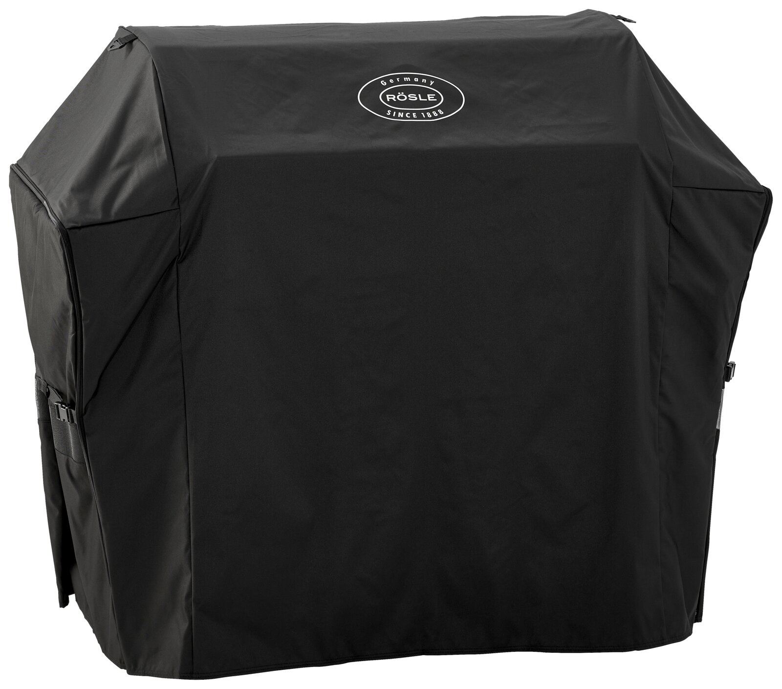 Schwarze RÖSLE Grillabdeckhaube/Schutzhülle mit Logo, Frontansicht leicht schräg von links