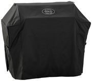 Schwarze RÖSLE Grillabdeckhaube/Schutzhülle mit Logo, Frontansicht leicht schräg von links