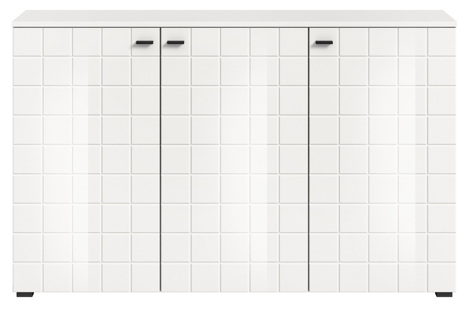 Modernes weißes Sideboard mit quadratischem Muster und schwarzen Griffen, Frontalansicht