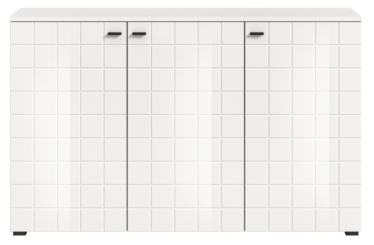 Modernes weißes Sideboard mit quadratischem Muster und schwarzen Griffen, Frontalansicht