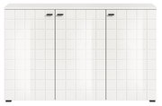 Modernes weißes Sideboard mit quadratischem Muster und schwarzen Griffen, Frontalansicht