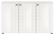 Modernes weißes Sideboard mit quadratischem Muster und schwarzen Griffen, Frontalansicht