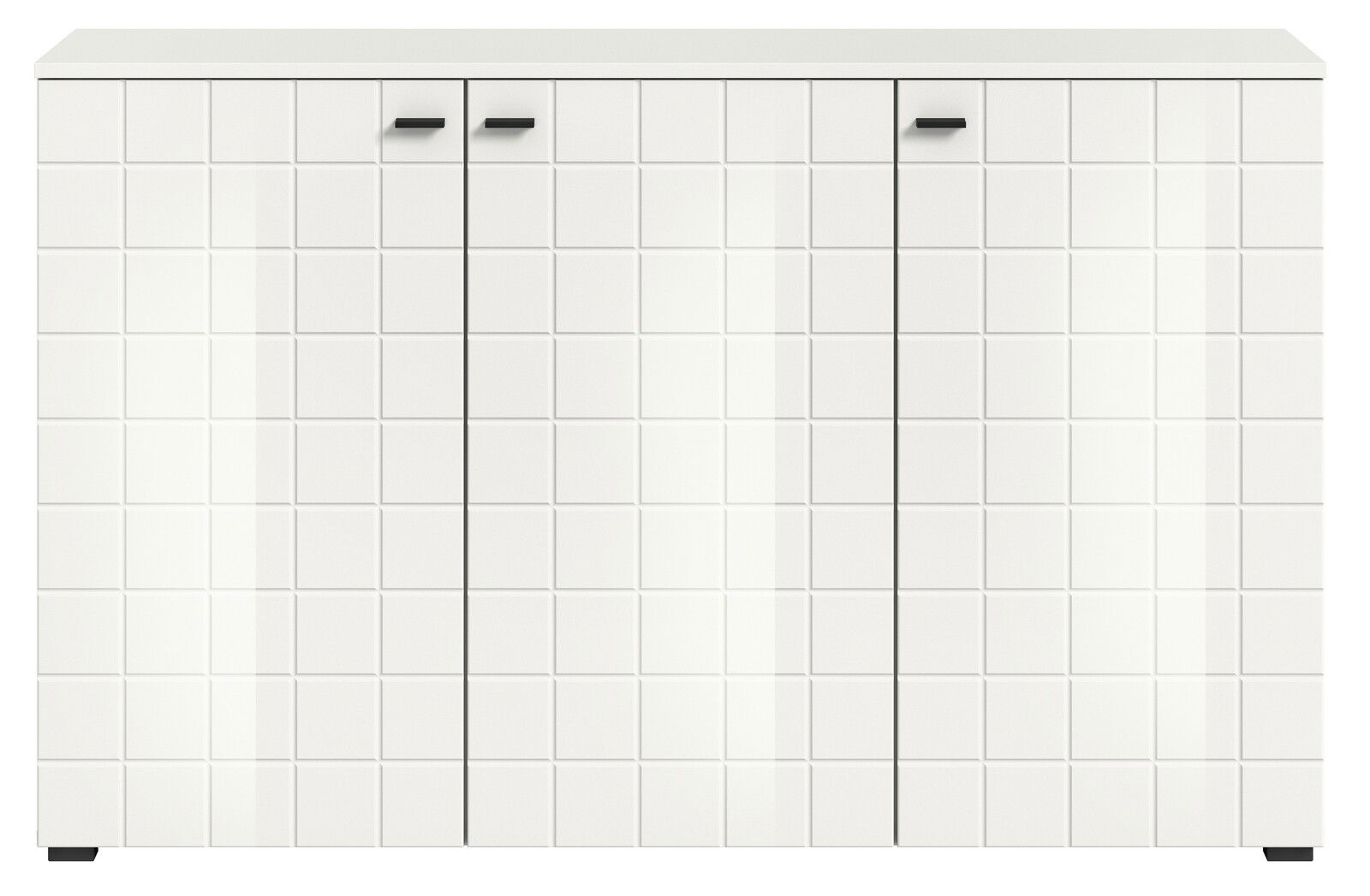 Modernes weißes Sideboard mit quadratischem Muster und schwarzen Griffen, Frontalansicht