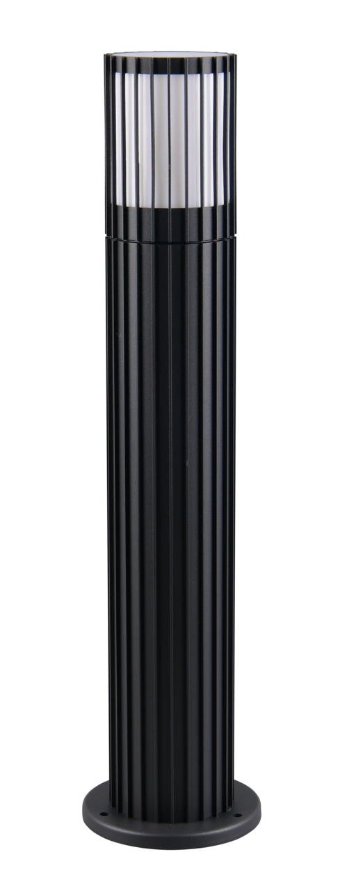 Moderne schwarze Außen-Sockelleuchte mit vertikalen Streben, seitliche Perspektive