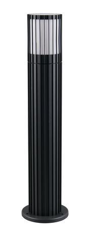 Moderne schwarze Außen-Sockelleuchte mit vertikalen Streben, seitliche Perspektive