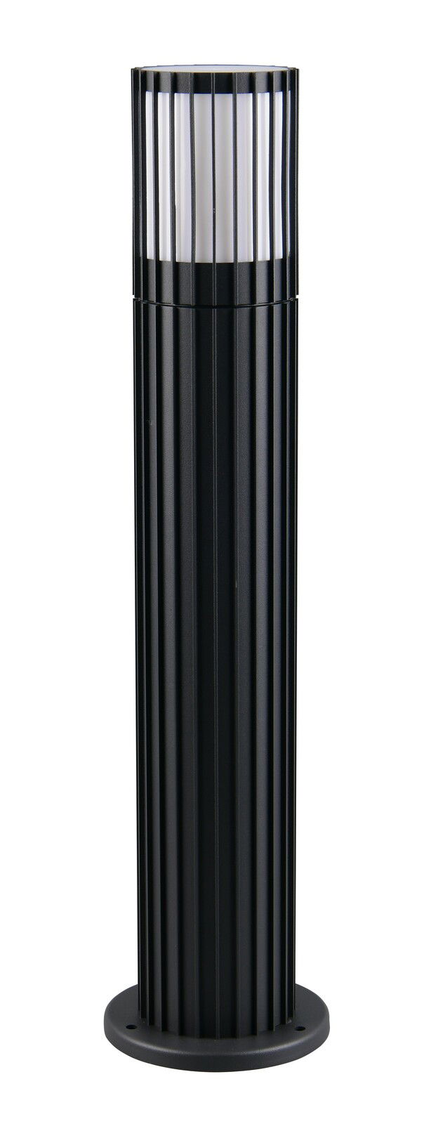 Moderne schwarze Außen-Sockelleuchte mit vertikalen Streben, seitliche Perspektive