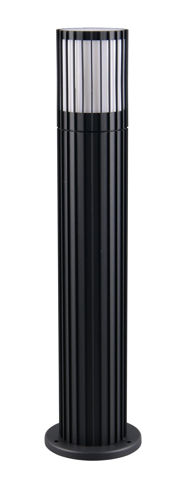 Moderne zwarte buitenplintlamp met verticale steunen, zijaanzicht