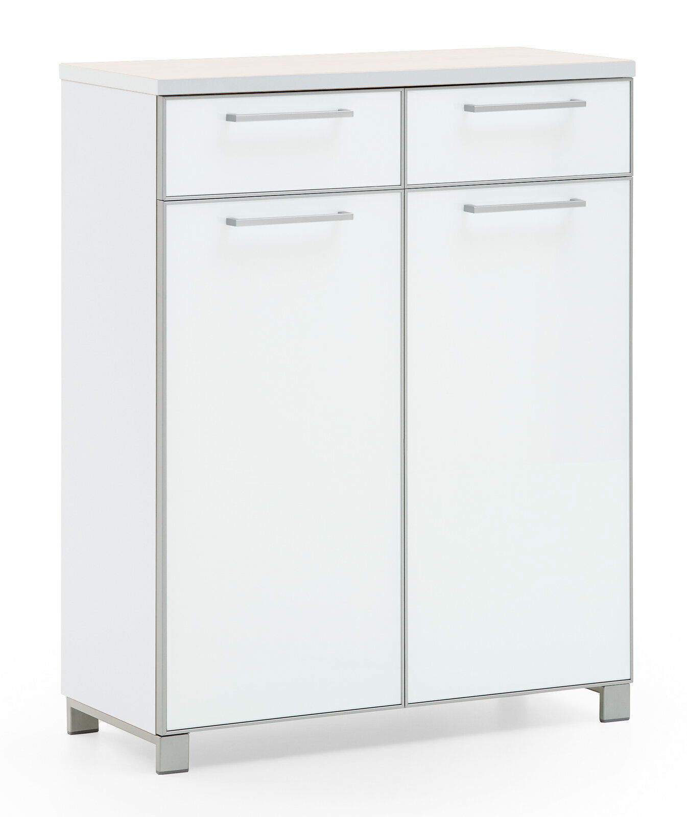 VOSS Schuhschrank SANTINA Moderner weißer Schuhschrank mit zwei Schubladen und zwei Türen, frontal abgebildet.