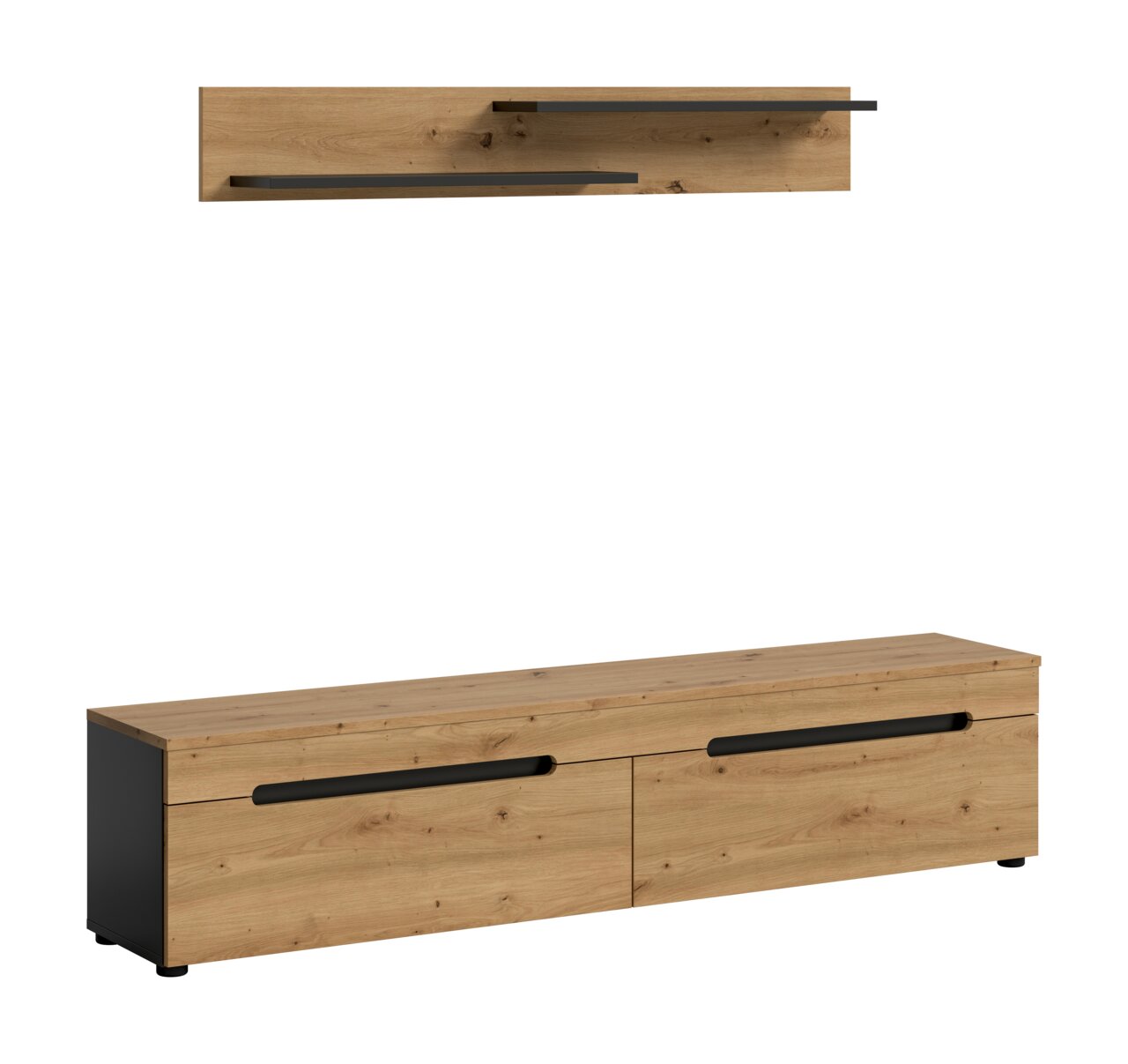 Modernes TV-Lowboard aus hellem Holzdekor mit zwei Klappen und schwarzen Griffleisten, freigestellt in schräger Frontansicht; oben zusätzlich Detailansicht der Griffleiste von oben.