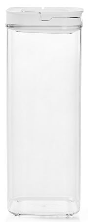 Transparente Vorratsdose mit weißem Deckel, frontal fotografiert.