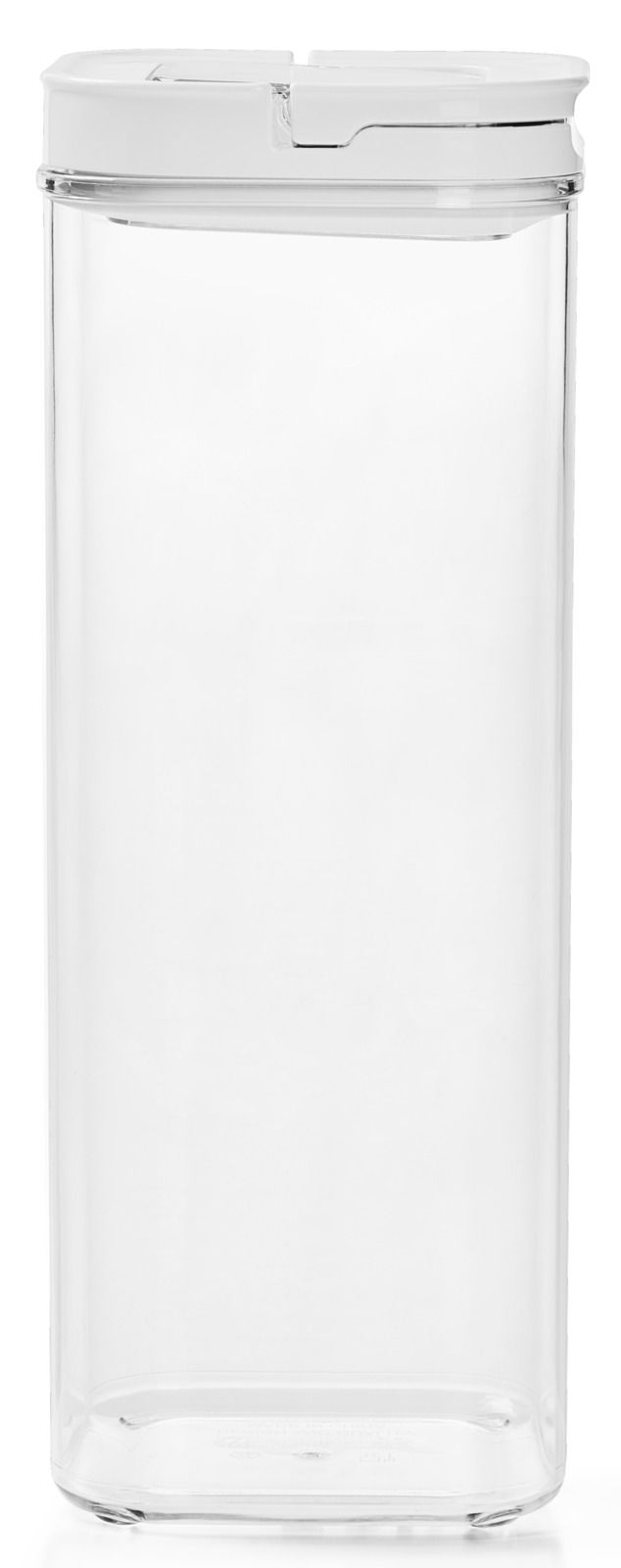 Transparente Vorratsdose mit weißem Deckel, frontal fotografiert.