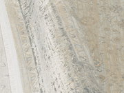 Nahaufnahme eines Designer-Teppichs mit floralen Mustern in Beige- und Grautönen, perspektivisch von der Seite aufgenommen.