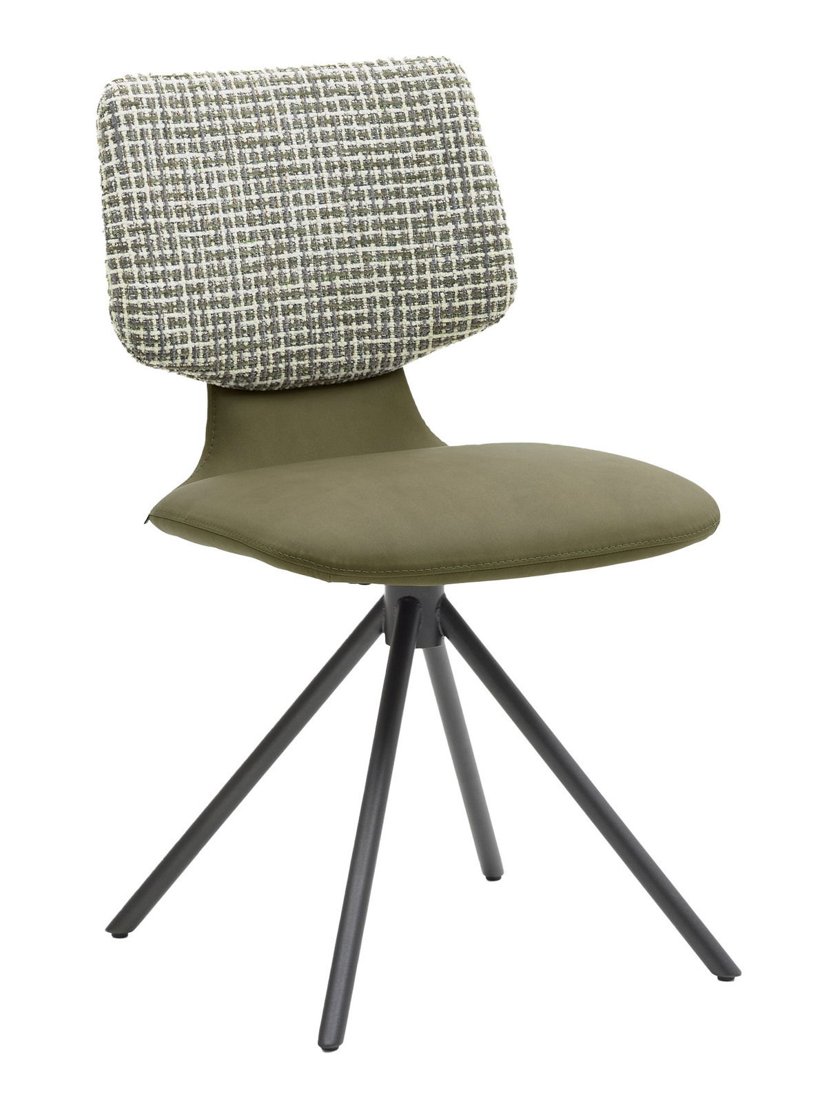 Moderner Stuhl mit grünem Sitz und gemusterter Rückenlehne, seitliche Perspektive