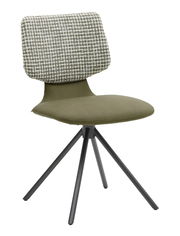 Moderner Stuhl mit grünem Sitz und gemusterter Rückenlehne, seitliche Perspektive