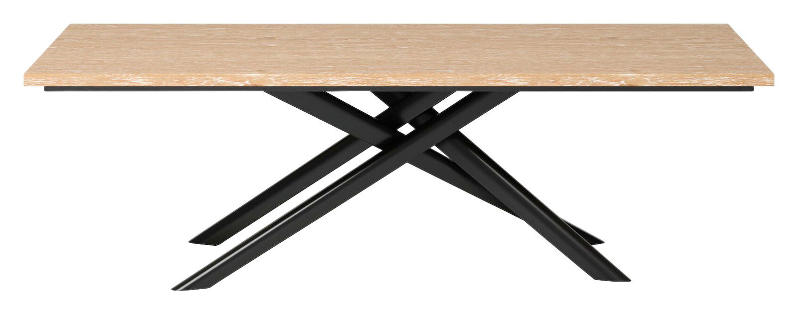 Moderner Esstisch mit heller Holzplatte und schwarzem, gekreuztem Metallgestell, seitliche Perspektive.