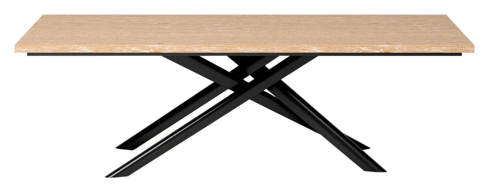 Moderner Esstisch mit heller Holzplatte und schwarzem, gekreuztem Metallgestell, seitliche Perspektive.