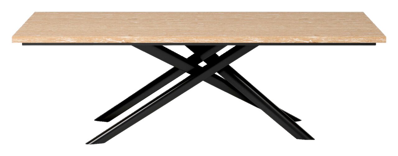 Moderner Esstisch mit heller Holzplatte und schwarzem, gekreuztem Metallgestell, seitliche Perspektive.