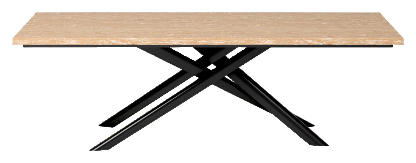 Moderne eettafel met een lichtgekleurd houten blad en een zwart, gekruist metalen onderstel, gezien vanaf de zijkant.