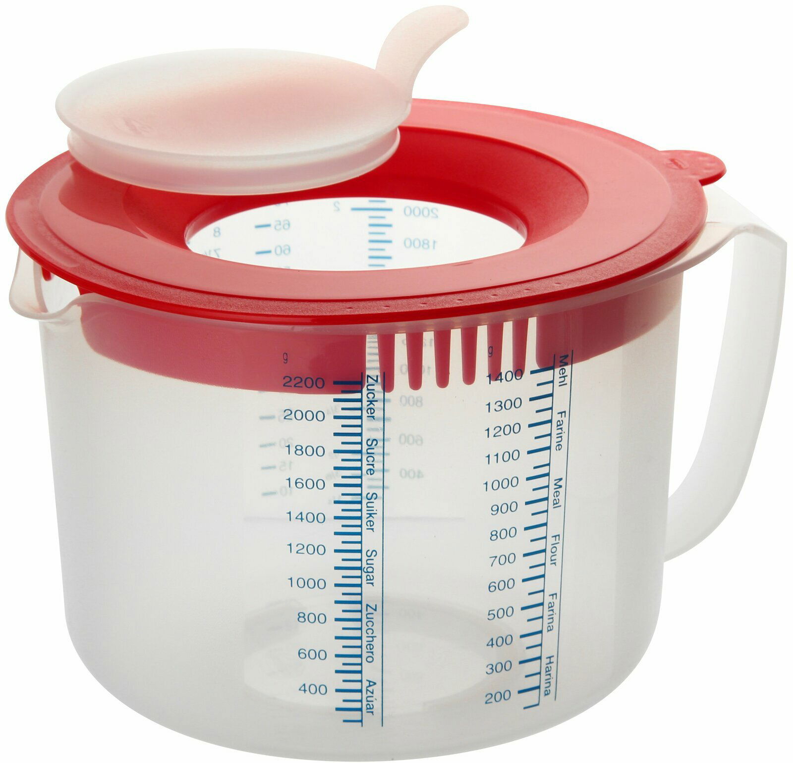 Messbecher 2,2L mit rotem Deckel und Skala, seitliche Perspektive