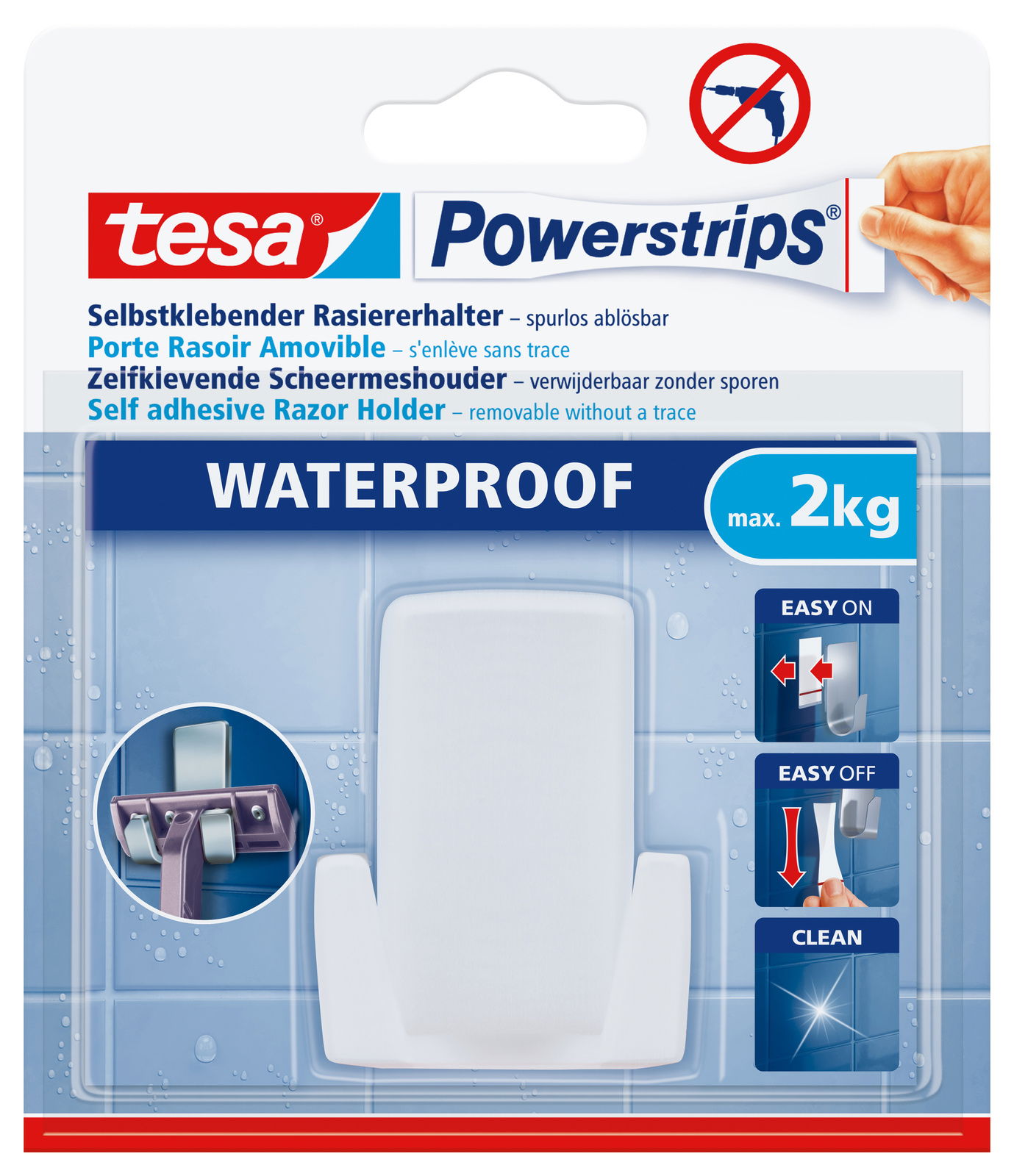Verpackung des tesa Powerstrips Waterproof Rasiererhalters, selbstklebend und spurlos ablösbar, mit einer maximalen Tragkraft von 2 kg, Vorderansicht.