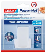 Verpakking van de tesa Powerstrips Waterproof scheermeshouder, zelfklevend en spoorloos verwijderbaar, met een maximaal draagvermogen van 2 kg, vooraanzicht.